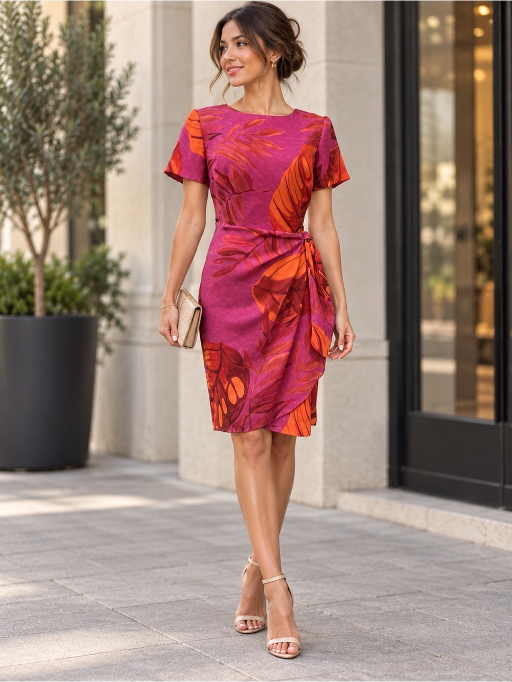 Vintage John Roberts Petite 6P Pink Orange Tropical Draped Cocktail Dress